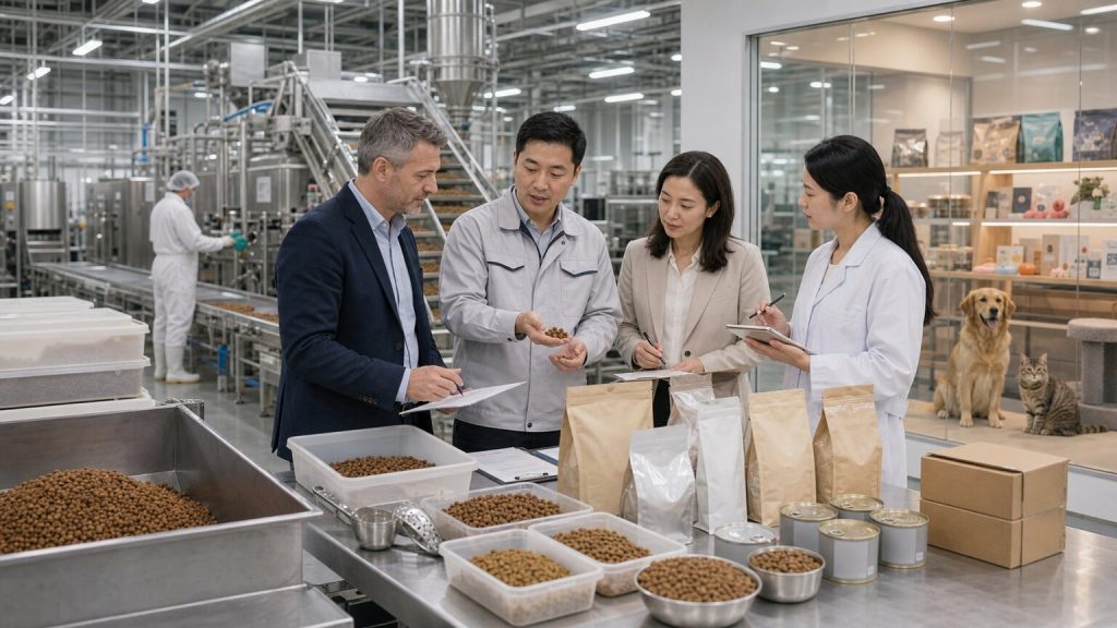 Buyer and supplier team auditing large-scale pet food production and packaging capability
