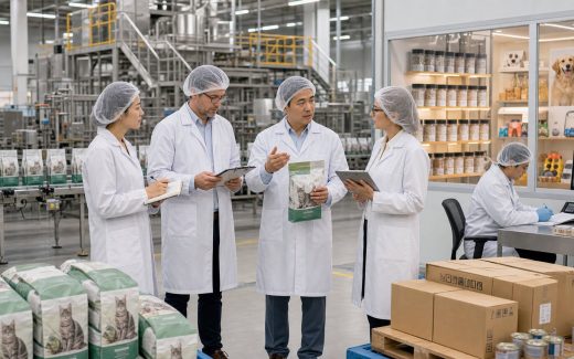 Large pet food factory with sourcing buyers and factory managers reviewing non-branded pet food products, protein supply documents, packaging, and production equipment