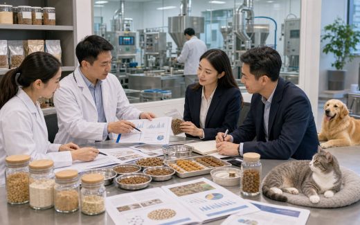 Pet food research and development team reviewing nutrition data, ingredient samples, kibble prototypes, and pilot production equipment with a dog and cat in the R&D center