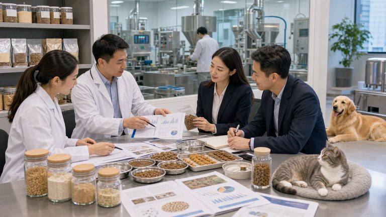 Pet food research and development team reviewing nutrition data, ingredient samples, kibble prototypes, and pilot production equipment with a dog and cat in the R&D center
