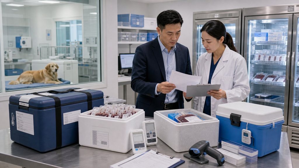 Veterinary blood bank QA team reviewing cold-chain transport, traceability labels, and screened blood units for hospital supply