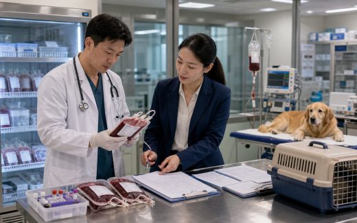 Veterinary hospital team reviewing screened canine and feline blood units, cold storage, and emergency transfusion documentation