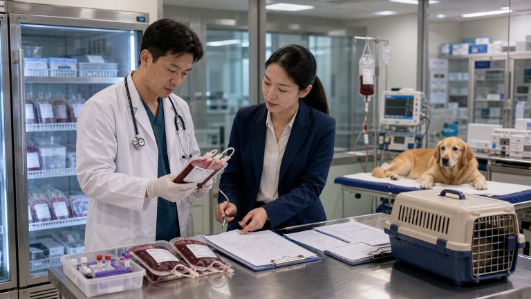 Veterinary hospital team reviewing screened canine and feline blood units, cold storage, and emergency transfusion documentation