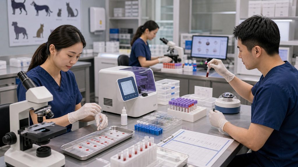 Veterinary technicians performing blood typing and crossmatch testing in a companion animal hospital laboratory