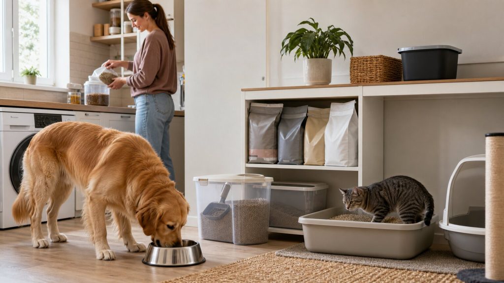 Dog and cat using food and litter essentials in a practical home routine with refill packs stored nearby