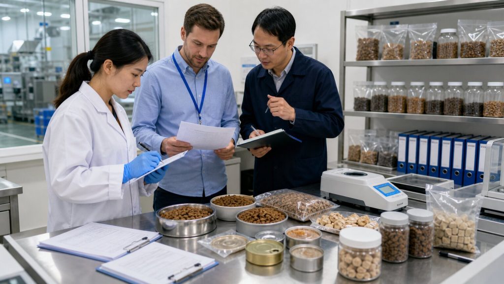 Factory QA technician and overseas buyer reviewing retained pet food samples, lab records, and test equipment during a supplier audit