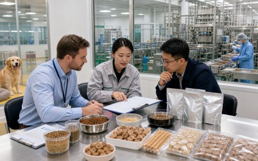 Overseas pet product buyer and factory quality team reviewing samples, batch documents, and production line visibility during a pet food factory tour