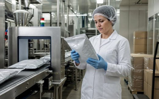 Quality manager inspecting sealed private-label pet food bags at a controlled packaging line in a modern factory