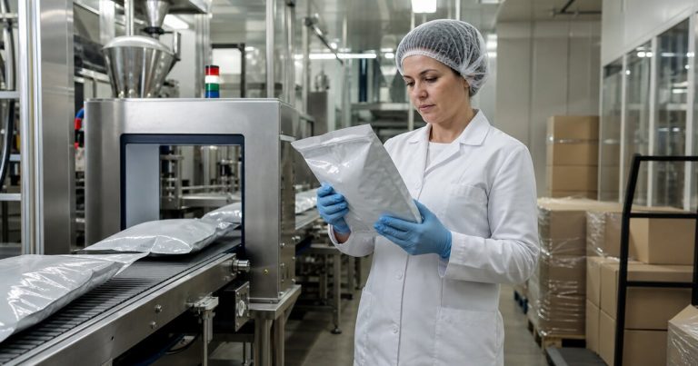 Quality manager inspecting sealed private-label pet food bags at a controlled packaging line in a modern factory
