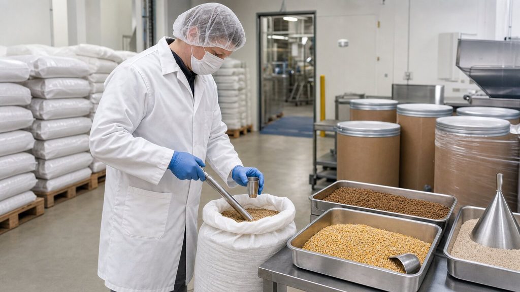 Quality technician taking a controlled raw-material sample in a pet food factory ingredient receiving area