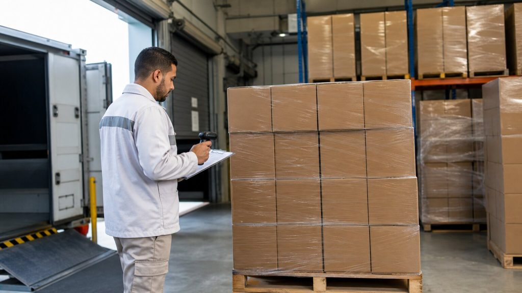 Warehouse quality lead checking sealed private-label pet food cartons and pallets before shipment from a factory