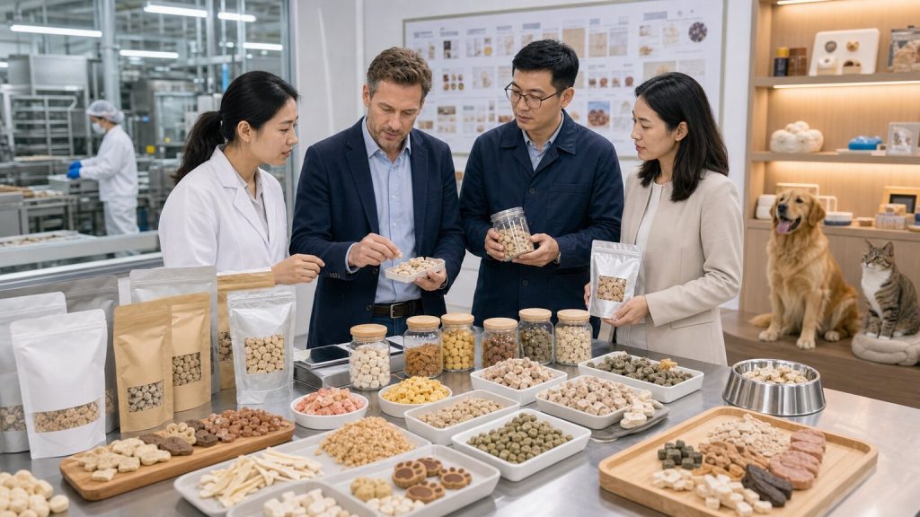 Private-label pet food buyers, ingredient suppliers, and QA specialists reviewing product prototypes, sample pouches, kibble formats, and research documents in a pilot production facility