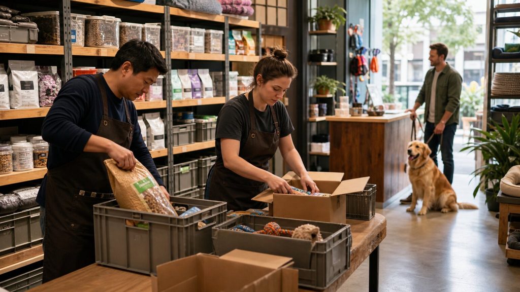 Pet retail team preparing unbranded orders for local fulfilment in a specialty store