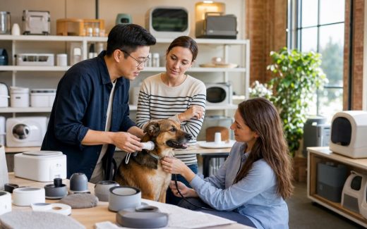 Pet technology product team testing an unbranded smart pet-care product with a dog in a product studio