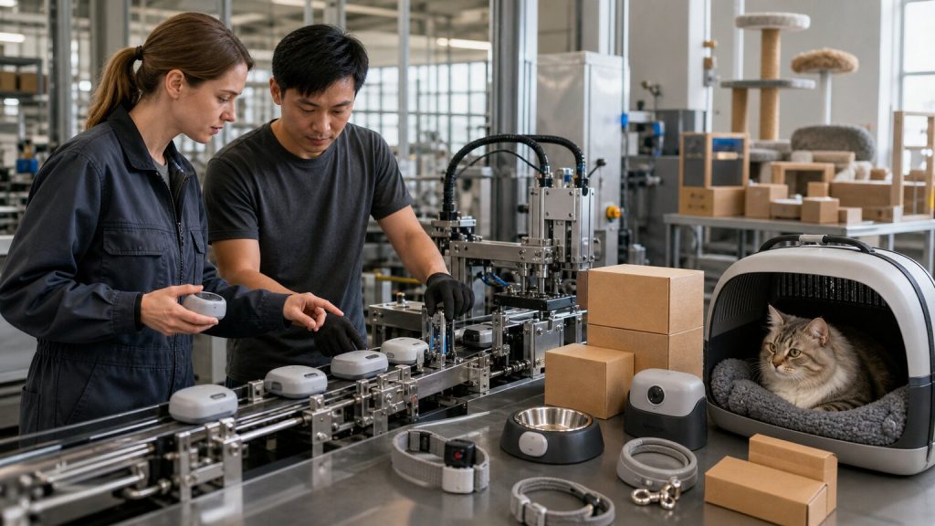 Production and quality team reviewing smart pet accessory assembly and packaging capability