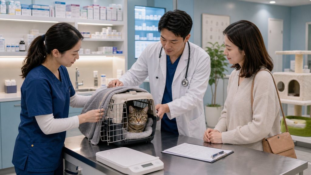 Veterinary team helping a cat in a carrier during a low-stress clinic intake workflow