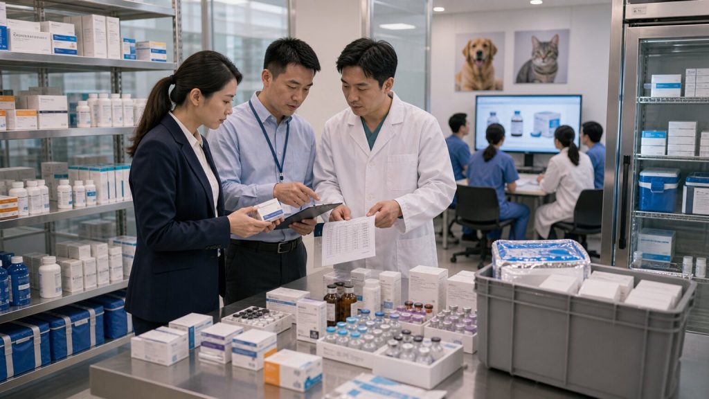 Pet medicine distribution team reviewing traceability, storage, product documentation, and clinic training materials