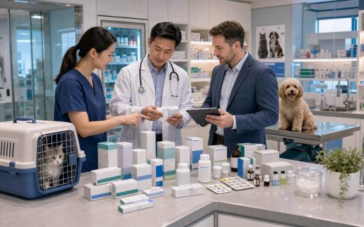 Veterinary clinic team and distributor reviewing a companion animal medicine portfolio by clinical scenario with cat carrier, dog, medicine boxes, and product documentation