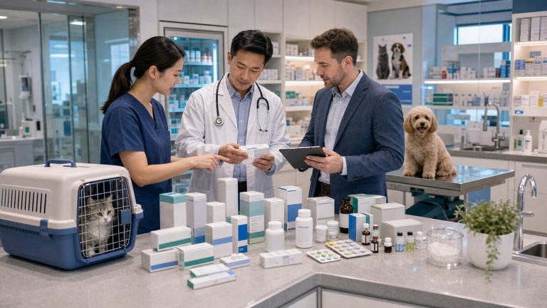 Veterinary clinic team and distributor reviewing a companion animal medicine portfolio by clinical scenario