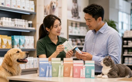 Pet specialty retail advisor discussing life-stage probiotic supplements with a buyer in front of dog and cat digestive support products