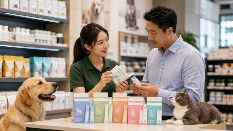 Pet specialty retail advisor discussing life-stage probiotic supplements with a buyer in front of dog and cat digestive support products