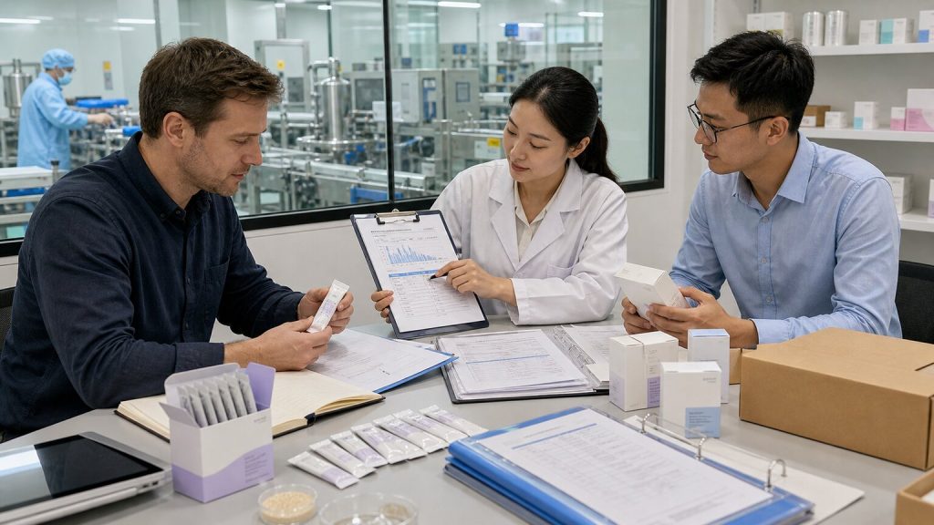B2B buyer and QA team reviewing probiotic supplement packaging, COA documents, stability data, and label claims