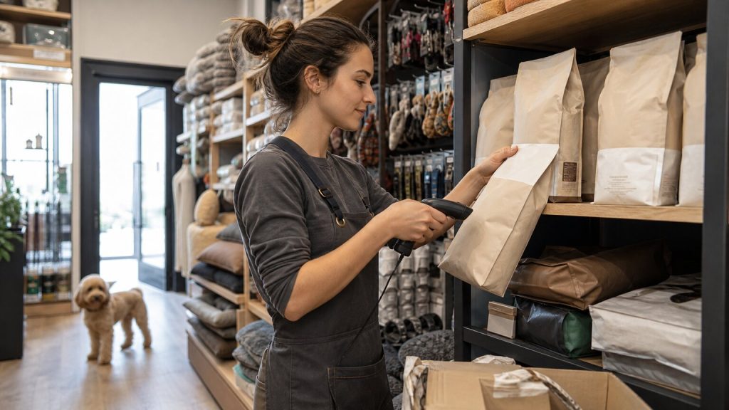 Pet store employee scanning an unbranded pet food package while checking shelf inventory in a specialty retail shop