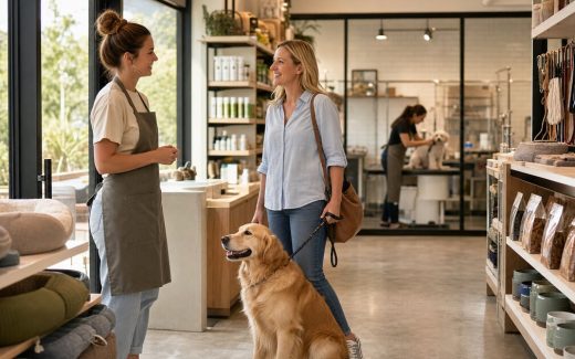Pet specialty store associate welcoming a dog owner at the entrance with retail shelves and a grooming service in the background