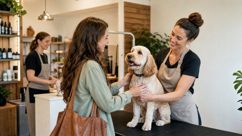 A groomer handing a freshly groomed dog back to its owner in a welcoming pet retail and grooming shop