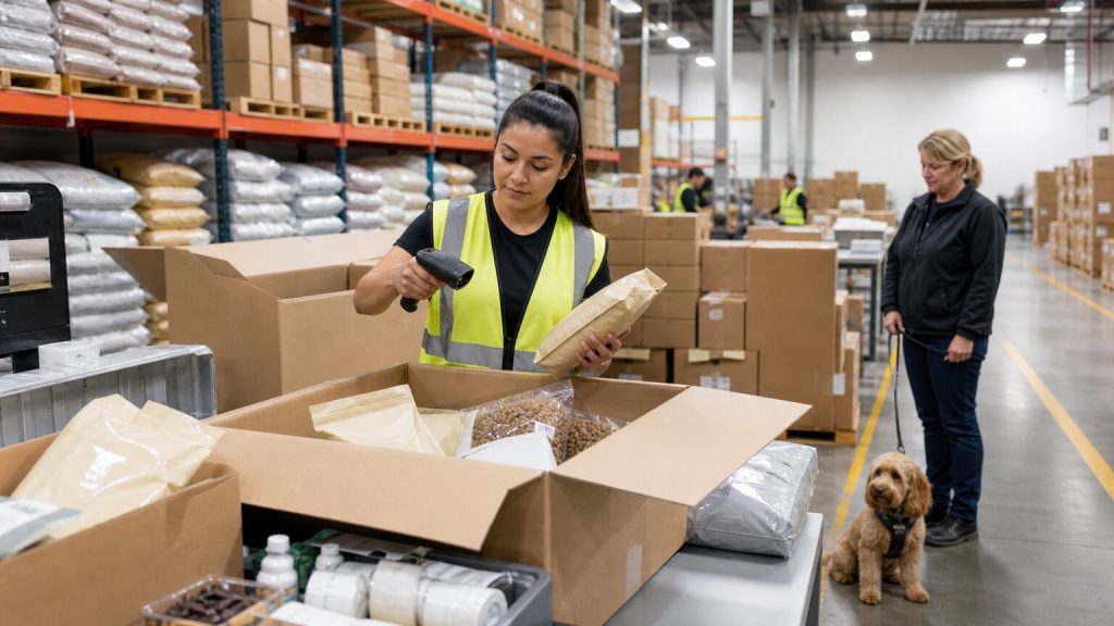 Warehouse associate scanning and packing recurring pet product orders in a modern fulfilment centre