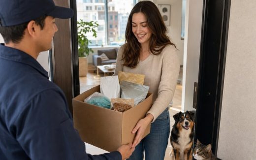 Pet owner receiving a recurring delivery of pet food and care essentials at an apartment door with a dog and cat