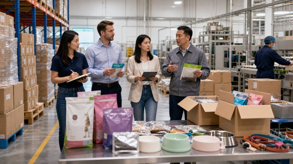 Overseas distributor and pet factory operations team reviewing packaging, finished goods, cartons, and warehouse flow during an export readiness tour