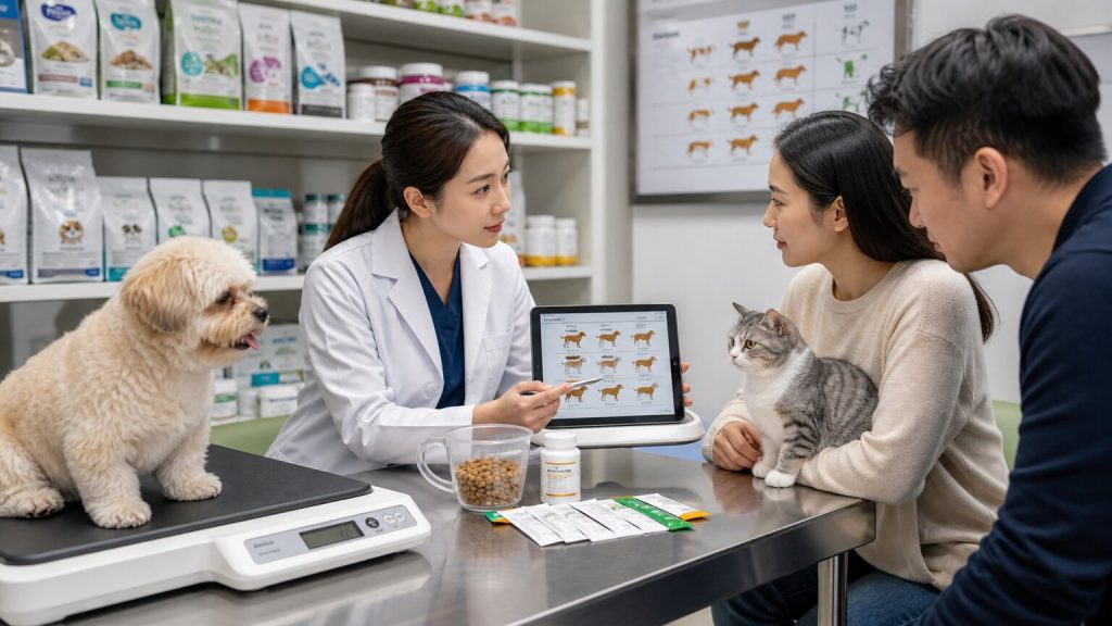 Veterinary nutrition consultation with body condition scoring, scale, feeding tools, and probiotic supplement samples
