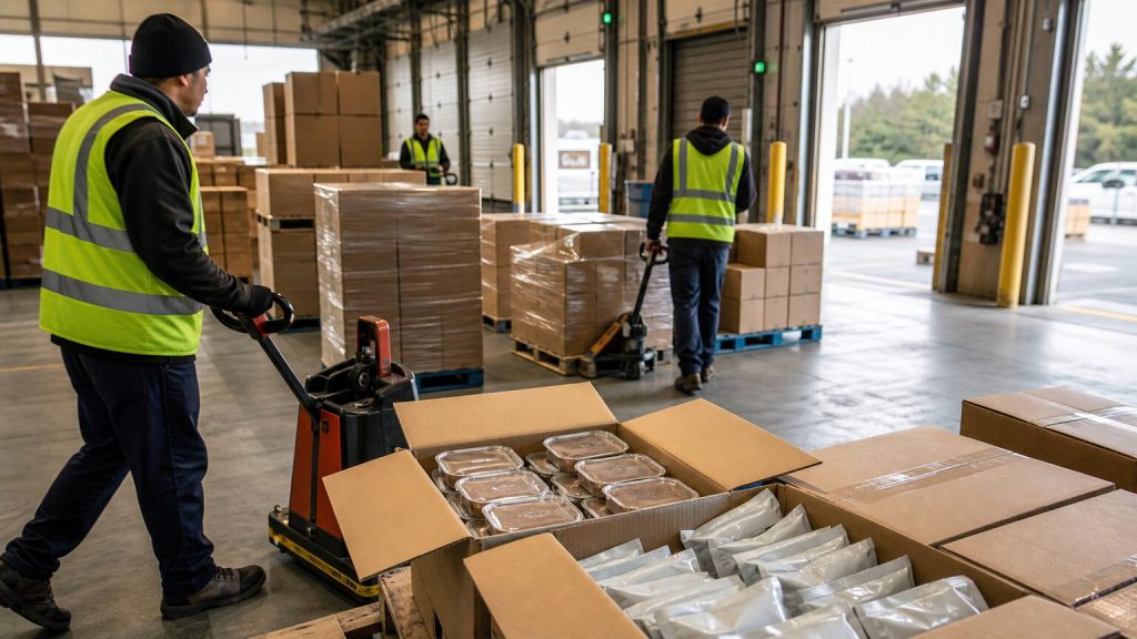 Logistics workers moving unbranded cartons of single-serve wet pet food through an outbound distribution hub