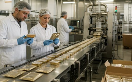 Quality and production staff inspecting unbranded single-serve wet pet food packs on a packaging line