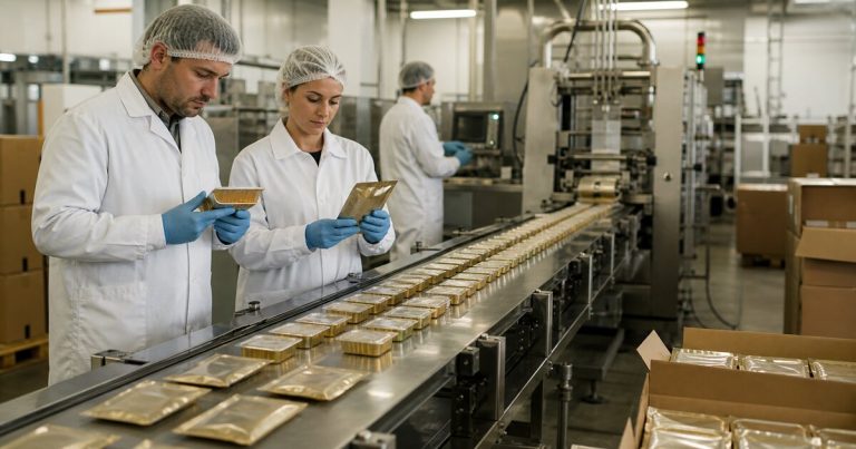 Quality and production staff inspecting unbranded single-serve wet pet food packs on a packaging line
