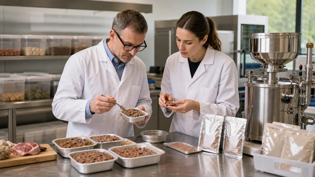 Food technologists reviewing wet pet food texture and single-serve pack formats in a pilot production kitchen