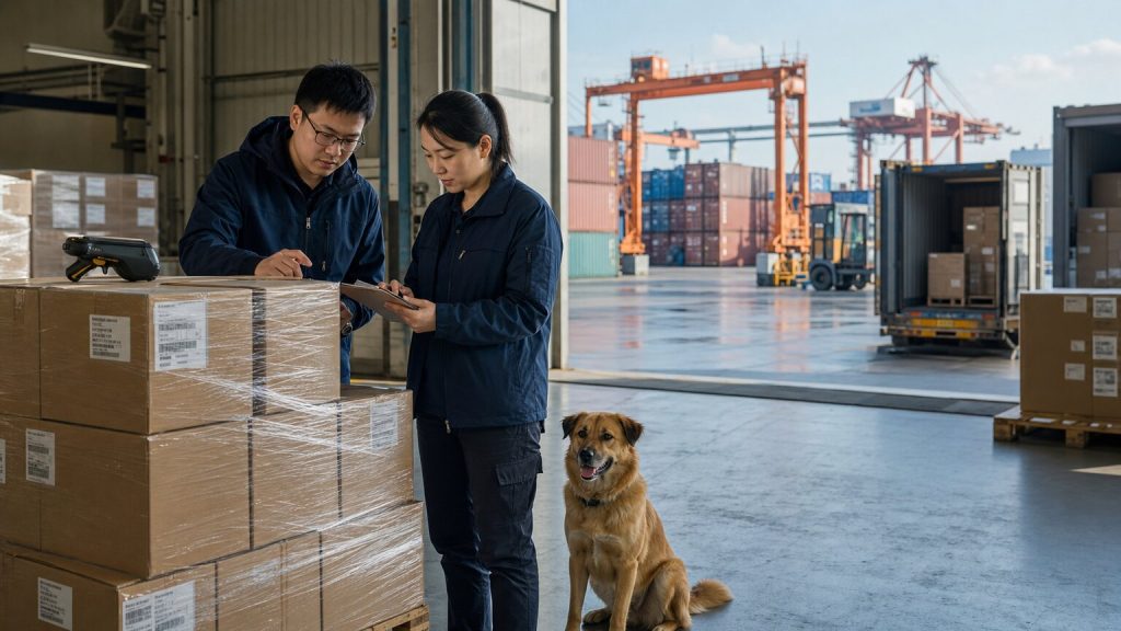Pet product export operations team reviewing cartons and documentation at a Shenzhen logistics facility near a container terminal