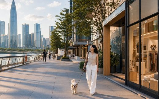 Dog owner walking beside a pet specialty storefront on a Shenzhen waterfront retail promenade with modern skyline in the background
