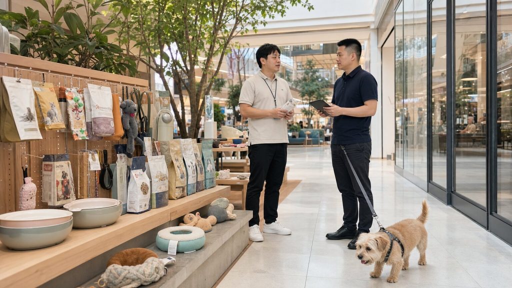 Pet specialty retail activation inside a modern Shenzhen shopping centre, with a dog and retail team reviewing products
