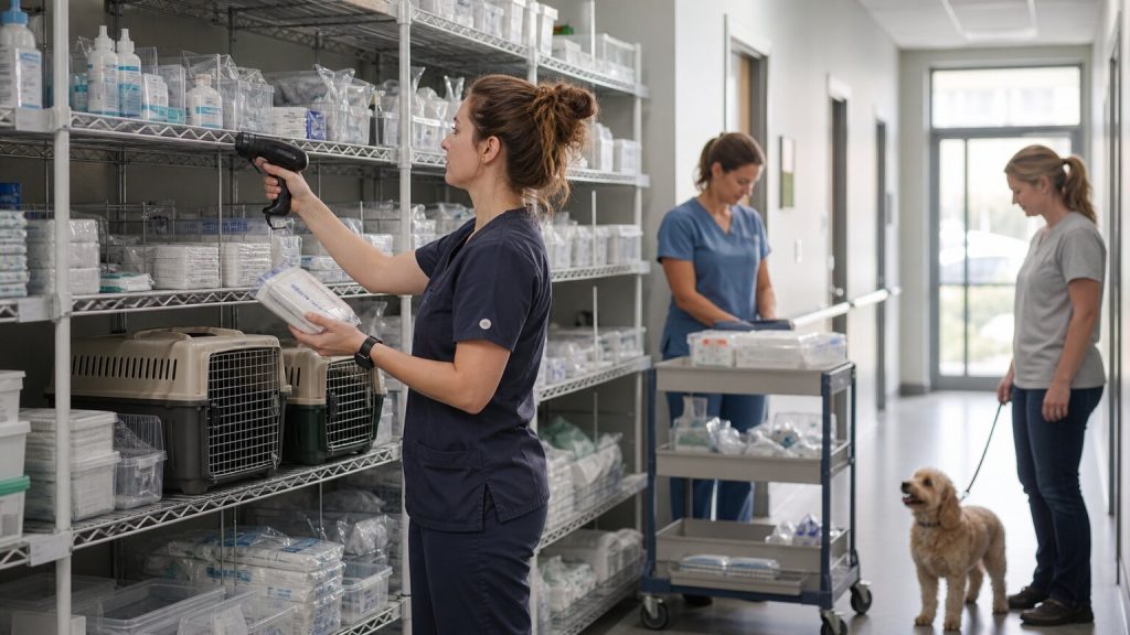 Veterinary technician managing approved supply replenishment in a clinic stockroom