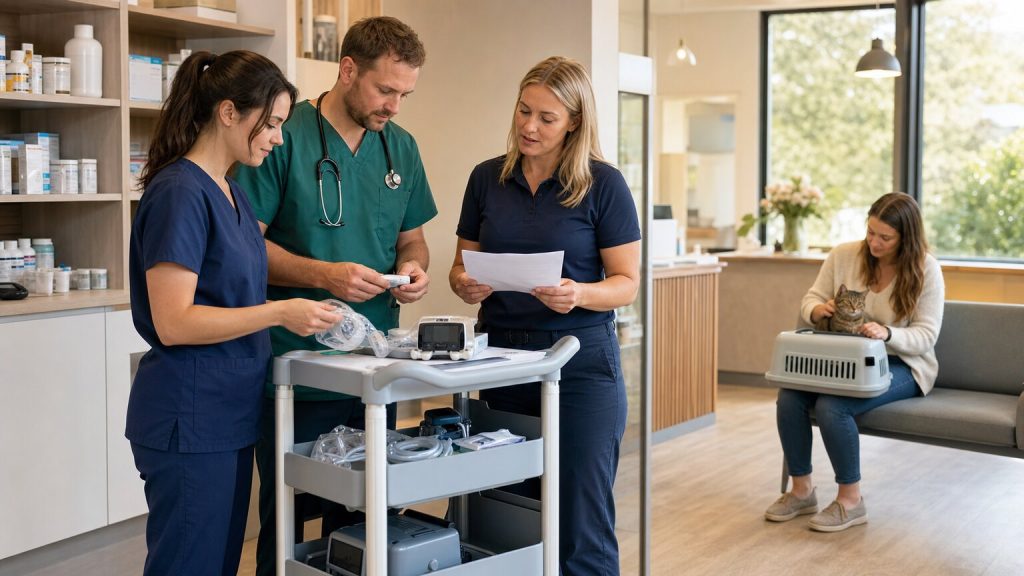 Veterinary clinic team and supplier specialist reviewing rollout equipment and supplies