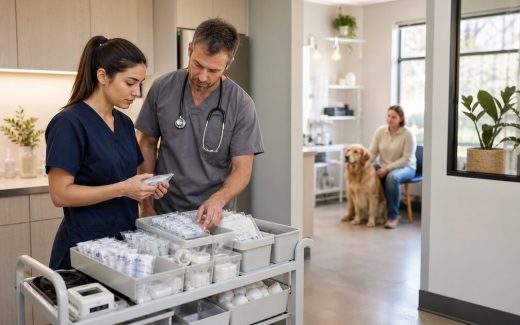 Veterinarian and clinic nurse reviewing standardized supplies on a mobile cart in a modern veterinary clinic