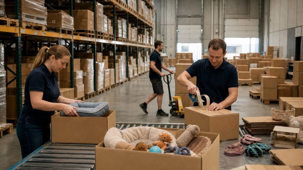Distribution team packing unbranded pet-supplies products for independent specialty retail fulfilment