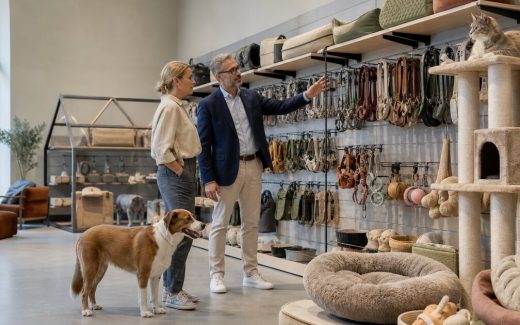 Category buyers reviewing unbranded pet-supplies products in a European specialty retail showroom