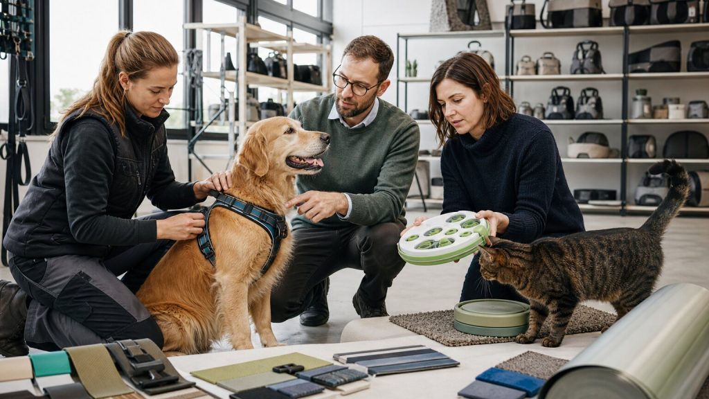 Product-development team evaluating an unbranded dog harness and cat enrichment toy with physical material samples