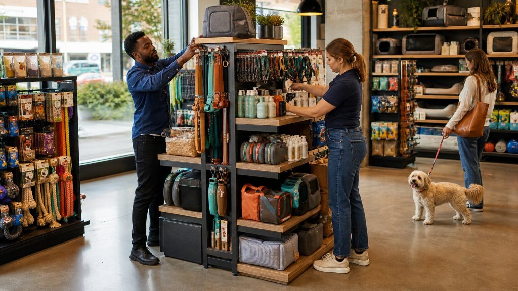 Store manager and brand representative refreshing an unbranded pet-supplies display in a specialty store