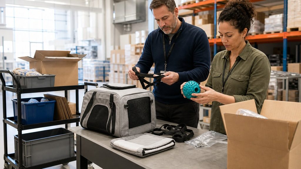 Operations specialists inspecting returned unbranded pet products and packaging in a quality-control area