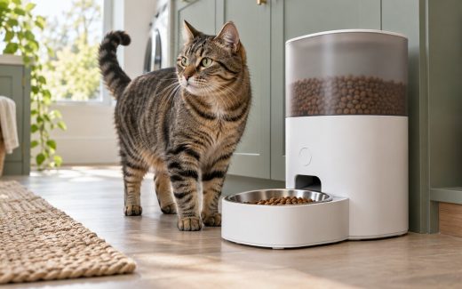 Adult tabby cat beside an automatic pet feeder with a stainless steel food bowl